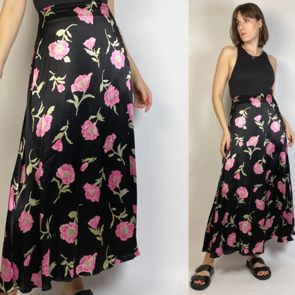 🖤🌸 VTG Braemar Petites 100% Rayon Floral Satin Tea Length Skirt, 6 🇨🇦